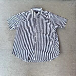 Noah NYC Men's Striped Button-Down Short Sleeve Shirt Navy White Cotton XL